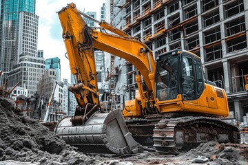A powerful yellow bulldozer digs through the earth at a bustling construction site, An autonomous bulldozer excavating a construction site, AI Generated
