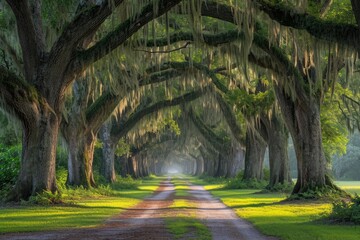 A dirt road winds its way through a serene landscape, flanked by lush trees draped in vibrant moss, An awe-inspiring tree alley draped with Spanish moss in a southern park, AI Generated