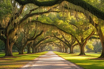 A picturesque road stretching through a forest with lush trees covered in Spanish moss, An...