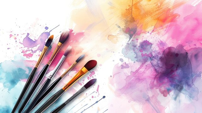 Watercolor Paints And Brushes On A White Background Are Arranged To Imitate Their Natural Use Or Storage.