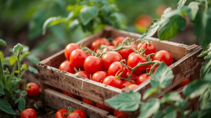 red tomatoes in a wooden box in the garden - obrazy, fototapety, plakaty