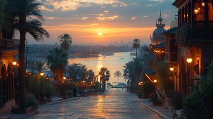 panorama of middle eastern city at sunset beach