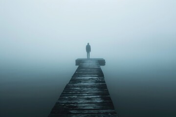 Fototapeta premium A person stands alone on a pier surrounded by thick fog during the early morning hours, An eerie apparition standing at the end of a foggy pier, AI Generated
