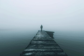 Obraz premium A person stands alone on a wooden dock in the center of a wide lake with calm water, An eerie apparition standing at the end of a foggy pier, AI Generated