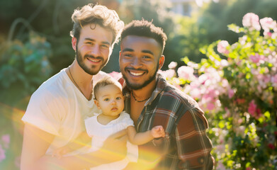 Joyful Diverse Family Embrace with Baby in Sunlit Garden - Generative AI