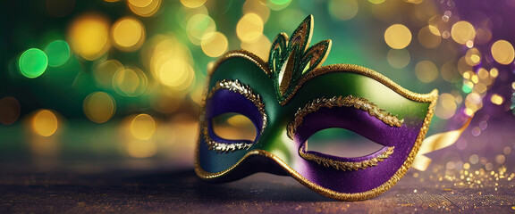 Gold, purple and green glittery mardi gras mask on shining bokeh banner. Generative AI illustration - obrazy, fototapety, plakaty