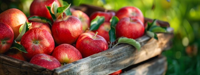  red apples in a wooden box in the garden - 736400739