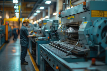 A team workers working at technology production factory with industrial machines
