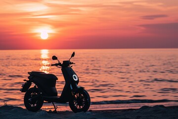 A scooter parked on the sandy beach as the sun sets in the background, casting a warm, orange glow, An electric motorbike parked near a beach at sunset, AI Generated