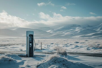 A phone lies on the snow-covered ground in the center of a vast, open field during wintertime, An electric vehicle charging station in a snow covered landscape, AI Generated