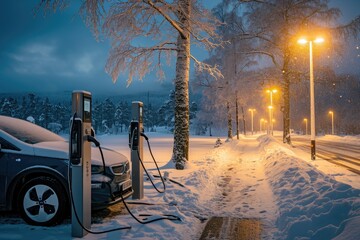 Car Parked at Snow-Covered Gas Station, An electric vehicle charging station in a snow covered...