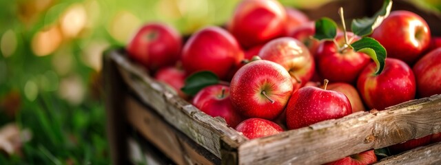  red apples in a wooden box in the garden - 736400988