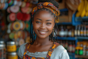 Fototapeta premium African seller retail home office shop. Small SME owner young adult woman Gen Z people happy smile pride look at camera