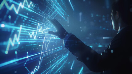 person in a suit is reaching out to touch a digital interface with glowing blue light and data streaming towards them