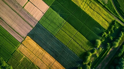 Aerial View of Diverse Agricultural Fields with Vivid Patterns and Textures
