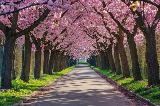Vibrant Tree Lined Street With Abundant Pink Flowers, An elegant alley of plum trees in full bloom within a pristine park, AI Generated