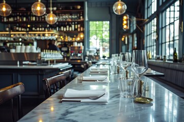 A beautifully arranged long table adorned with numerous wine glasses, An elegant empty restaurant kitchen with a long marble-topped counter, AI Generated