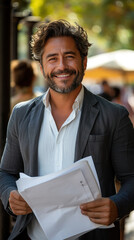 Attractive Latino businessman holding documents in his hands with a happy smile and a bearded head.