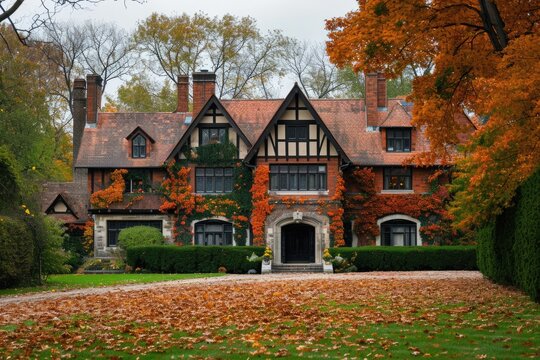 A photo showcasing a grand, spacious house with an abundant number of trees in front of it, An elegant English manor home during the fall season, AI Generated