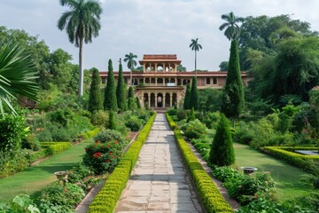 Fototapeta na wymiar A garden abundant with a variety of green plants and trees, creating a vibrant and refreshing atmosphere, An elegant royal palace surrounded by lush gardens, AI Generated