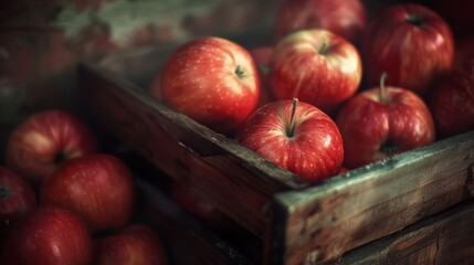  red apples in a wooden box in the garden
