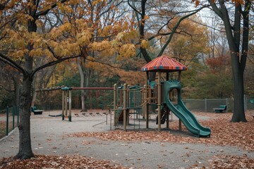 Playground With Red Roof and Green Slide, An empty playground with a whimsical vibe in autumn, AI Generated