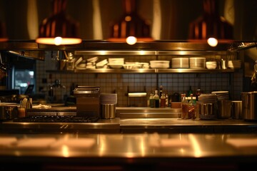A busy kitchen showcasing an abundance of shiny metallic pots and pans, An empty restaurant kitchen glistening under soft, warm lighting, AI Generated - obrazy, fototapety, plakaty