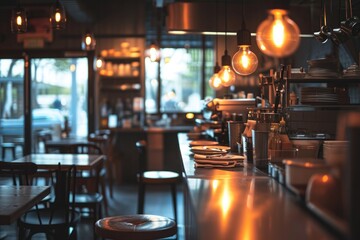 A dimly lit restaurant filled with numerous tables and chairs, providing ample seating for guests, An empty restaurant kitchen glistening under soft, warm lighting, AI Generated - obrazy, fototapety, plakaty
