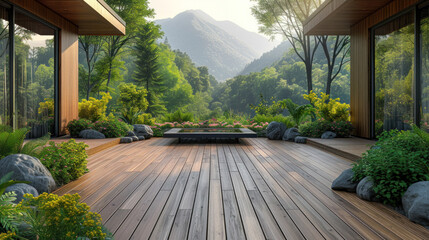 Beautiful wooden deck is an elegant and appealing addition to any outdoor space - obrazy, fototapety, plakaty