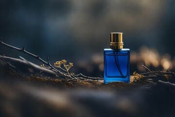 blue perfume flacon in a blurry forest background
