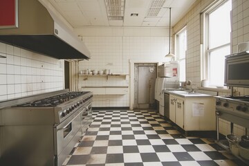A photo showing a black and white checkered floor in a kitchen, An empty restaurant kitchen with checkered floors and white cabinets, AI Generated