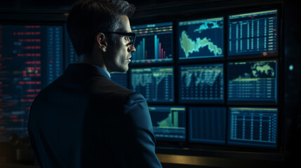 Businessman Looking at the Monitor and Stock Graph.