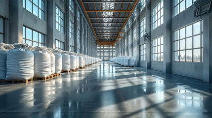 White bags and high storage racks in large warehouse. - obrazy, fototapety, plakaty