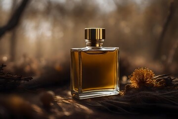 golden perfume flacon presentation , natural fragrance , wood and autumn forest background , warm tones