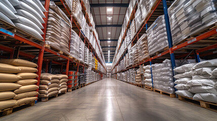 White bags and high storage racks in large warehouse.