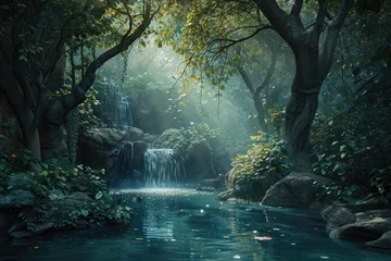 Zelfklevend Fotobehang A stunning painting capturing the beauty of a roaring waterfall amidst a dense forest, showcasing natures power and splendor, An enchanted forest with a magical water spring, AI Generated © Iftikhar alam