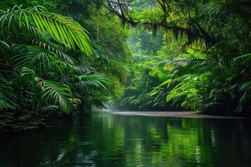 Obraz premium A stunning image capturing the powerful flow of a river as it winds its way through a lush and vibrant green forest, An enchanting river passage through a dense rainforest, AI Generated