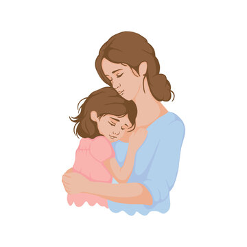 mother hugging daughter, tender moment, blue, pink clip art preview