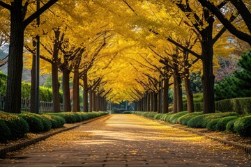 A street lined with an abundance of yellow trees creates a vibrant and colorful scene, An...