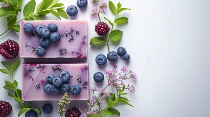 Blueberry and stems over a white backdrop flank this handmade soap bar and space, Generative AI.