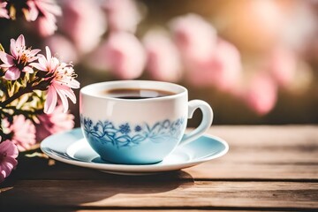 Obraz na płótnie Canvas elegant white and blue ceramic tea cup in a magnificient pink floral background , artistic blur