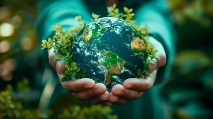 green friendly eco Hands of business people Embracing Green Globe.Protecting Planet Together.Environment Earth Day. Responsibility for the environment. Ecosystem and Organization Development ESG