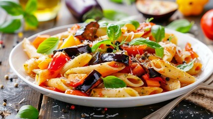 
Pasta salad with baked vegetables. Penne pasta with baked peppers, eggplant, pesto and cheese in a white plate
