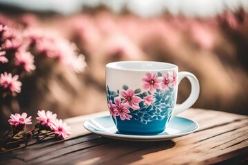 elegant white and blue ceramic tea cup in a magnificient pink floral background ,morning light - obrazy, fototapety, plakaty