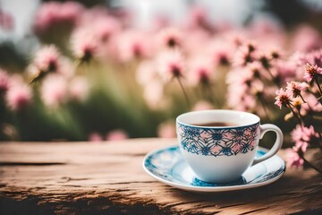 elegant white and blue ceramic tea cup in a magnificient pink floral background , artistic blur - obrazy, fototapety, plakaty
