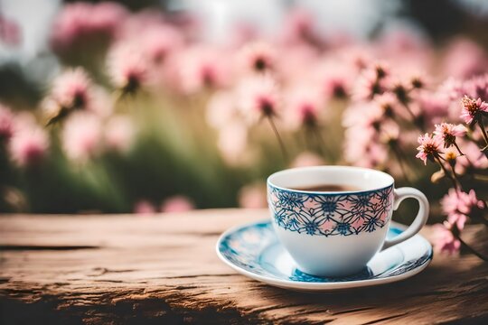 elegant white and blue ceramic tea cup in a magnificient pink floral background , artistic blur