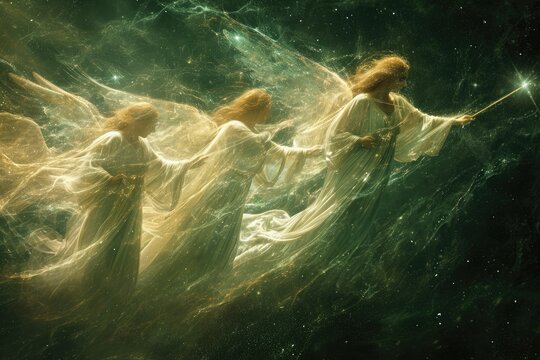 A group of angels with outstretched wings floating in mid-air, An ethereal image of angels singing on Christmas Eve, AI Generated