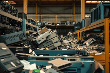 A vast quantity of electronic equipment is stacked high in a warehouse, forming a large pile, An e-waste recycling plant with discarded electronic devices, AI Generated