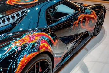 A black sports car showcasing a vibrant dragon painted design on its sleek body, An exotic sports...