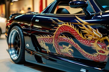 A car with a vibrant red exterior adorned with a detailed black dragon painted on the side, An exotic sports car with a dragon decal, AI Generated